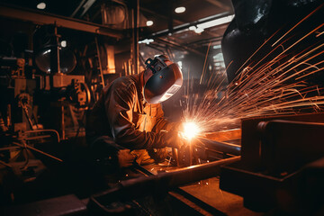 Poster - An electric welder in a mask works in the production workshop of an industrial enterprise, sparks fly in different directions.