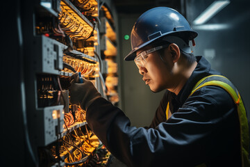 Poster - An Asian electrician in overalls, a helmet and gloves performs maintenance or repairs in an electrical cabinet.