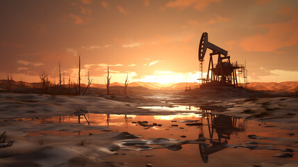 Wall Mural - Photo of crude oil pumpjack rig at sunset. Concept art of oil production or issues of nature protection 