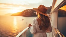 Luxury Cruise Ship Travel Elegant Tourist Woman Watching Sunset On Balcony Deck Of Europe Mediterranean Cruising Destination. 