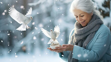 A Woman Feeds Two White Pigeons In Winter