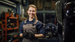 Young beautiful woman in mechanic costume in auto repair shop