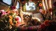 A dog lies in a campervan between flowers