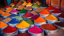 Moroccan Spice Stall In Marrakech Market, Morocco Colorful Spices And Dyes Found At Asian Or African Market Vast Array Of Fresh Moroccan Exotic Herbs And Spices At A Market Stall.

