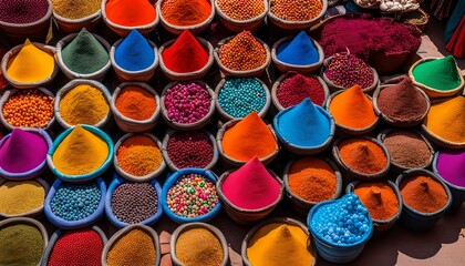 Moroccan spice stall in Marrakech market, Morocco Colorful spices and dyes found at asian or african market Vast array of fresh Moroccan exotic herbs and spices at a market stall.
