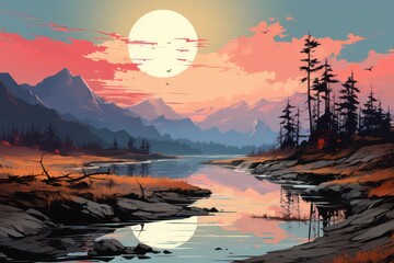 Wall Mural - sunrise over the lake