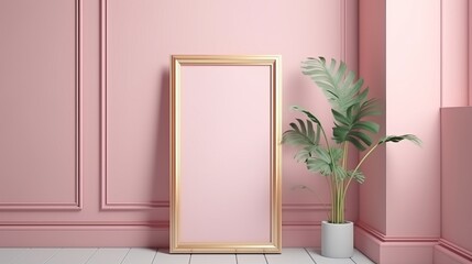 Wall Mural - Frame mockup on the wall painted on pink colour. Vertical frame mockup close up on wall painted pastel pink color. Decor concept. Real estate concept.