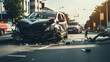 Car accident, damaged car after a car accident. Generative AI