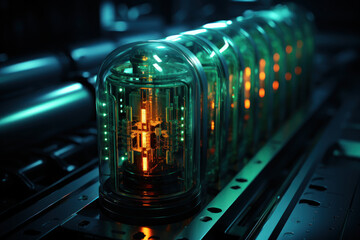 A close-up of uranium fuel rods in a reactor core, illustrating the heart of atomic energy production. Concept of nuclear fission. Generative Ai.