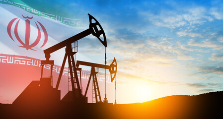 Wall Mural - Oil drilling derricks at desert oilfield with Iran flag.