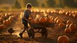 boy pushing a wheelbarrow filled with pumpkins in a field. generative ai
