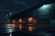 Night scene of a warehouse with lighting