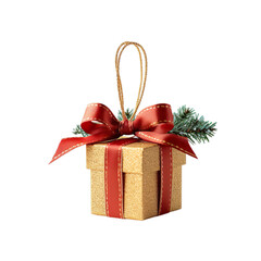 Wall Mural - Golden Gift Box for hanging on Christmas tree leaves isolated on transparent background.