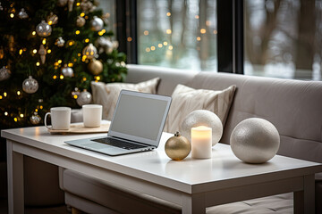 Poster - a living room with a christmas tree in the background and a laptop sitting on a coffee table next to it