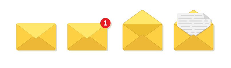 Poster - Yellow email icons on isolated background. Opened envelope with letter. Flat closed mail received an incoming notification. Post message for web mailbox. vector.