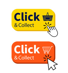 Fototapete - Click & collect button with shopping cart, basket and mouse pointer. Store label for online order. Grocery sticker. vector illustration..