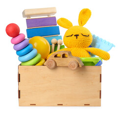 Poster - Many different children's toys in crate isolated on white