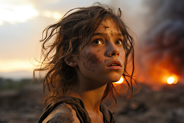 Wall Mural - a young girl with her hair blowing in the wind while she looks up at the camera and stares into the distance