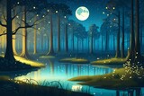 Fototapeta Nowy Jork - Night forest landscape with lake or swamp in moonlight with glowing fireflies. Fantasy woods landscape in cartoon vector illustration. Magic trees and bushes on banks of pond or river in woodland