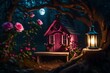 Magical fantasy elf or gnome house in tree with window and lantern, bench in enchanted fairy tale forest with fabulous fairytale blooming pink rose flower garden and shiny glowing moon rays in night.