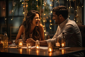 Wall Mural - a man and woman sitting at a table with candles in front of them they are looking into each other people's eyes
