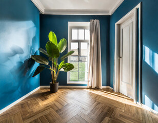 Sticker - Modern style empty blue room with wood laminate floor window sun light effect with a green plant next to a dark luxurious curtain on the left and white door on the right