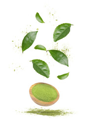 Poster - Green matcha powder and leaves falling on white background