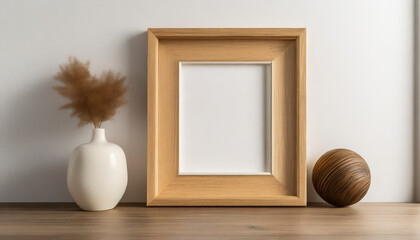 Wall Mural - Wooden square photo frame on white wall background. Empty wooden picture photo frame mockup template isolated on white wall indoors. 3d illustration