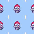 Słodki kot w czapce Świętego Mikołaja. Ilustracja w stylu pixel art. Wektorowy powtarzalny wzór.