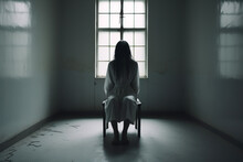 A woman in a psychiatric hospital in a locked white room, wearing a white straitjacket. A mad woman in a white straitjacket in a white room. Schizophrenia in a person. Woman on a chair