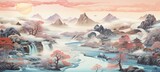 Fototapeta Natura - Japanese nature scenery landscape traditional oriental painting style background. Generative AI technology.	
