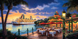 Christmas outdoor dining tables on waterfront with cruise ship, lights, garlands and decorations, tropical vacation, wide banner