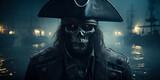 Scary pirate skeleton with red eyes and ships in background, dark, night, wide banner