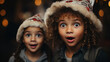 Two kids are wearing Christmas attire and stocking caps and are blown away - shocked and surprised - can’t believe the news - astounded - seasonal humor - holiday spirit 