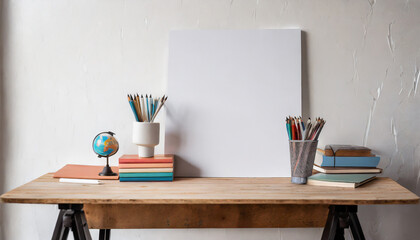 Wall Mural - table against a white wall poster back to school with an empty copy space