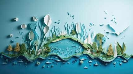 Ecology and world water day, Saving water and world Environment day, environmental protection and save earth water, Paper art.