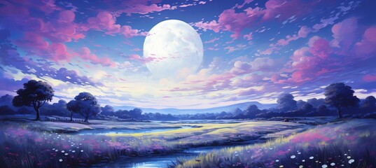 Wall Mural - bright night fantasy landscape. drawing illustration design. generative ai technology.