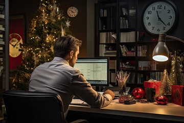 Wall Mural - a man sitting at his desk in front of a computer with christmas decorations on the wall behind him and an illuminated clock