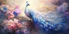Painting Of Beautiful White Peacock With Blossom, Generative AI