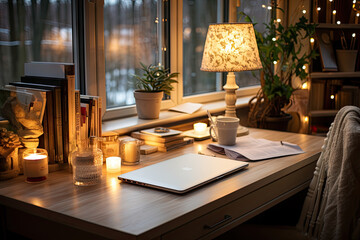 Canvas Print - an open laptop on a desk with candles, books, and other items in front of the window at night time