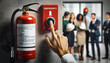 Activating emergency button. Finger presses a button near fire extinguisher, with office workers and safety helmets ready
