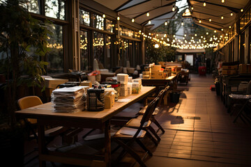 Canvas Print - an outdoor dining area with lights on the ceiling and tables set up for dinner in the evening sun shines through the windows