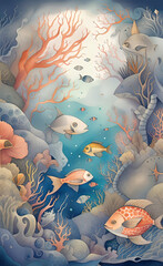 Watercolor illustration of a sunken ship underwater, tropical coral reefs, deep sea wallpaper with colorful fish, shells, crabs in the depths of the bay,