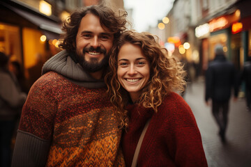 portrait of cheerful couple in knitted sweaters on crowded street with holiday lights