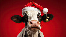 A Cow Stands Wearing A Santa Hat On A Red Background