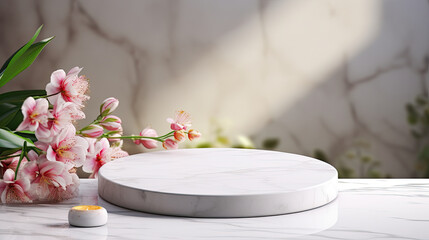 Wall Mural - a round white marble pedestal with green leaves on the side. white podium for product presentation