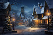 christmas scene in a town. falling snow town night landscape. christmas and happy new year concept