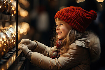 Wall Mural - a little girl wearing a red hat and looking at the lights on a wall with her hand in her pocket