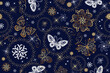 Vector seamless hand drawn christmas dark blue pattern with openwork butterflies and snowflakes