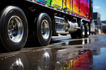 Wall Mural - a semi truck driving down the road with its reflection in the wet surface on the ground, as if it's not raining